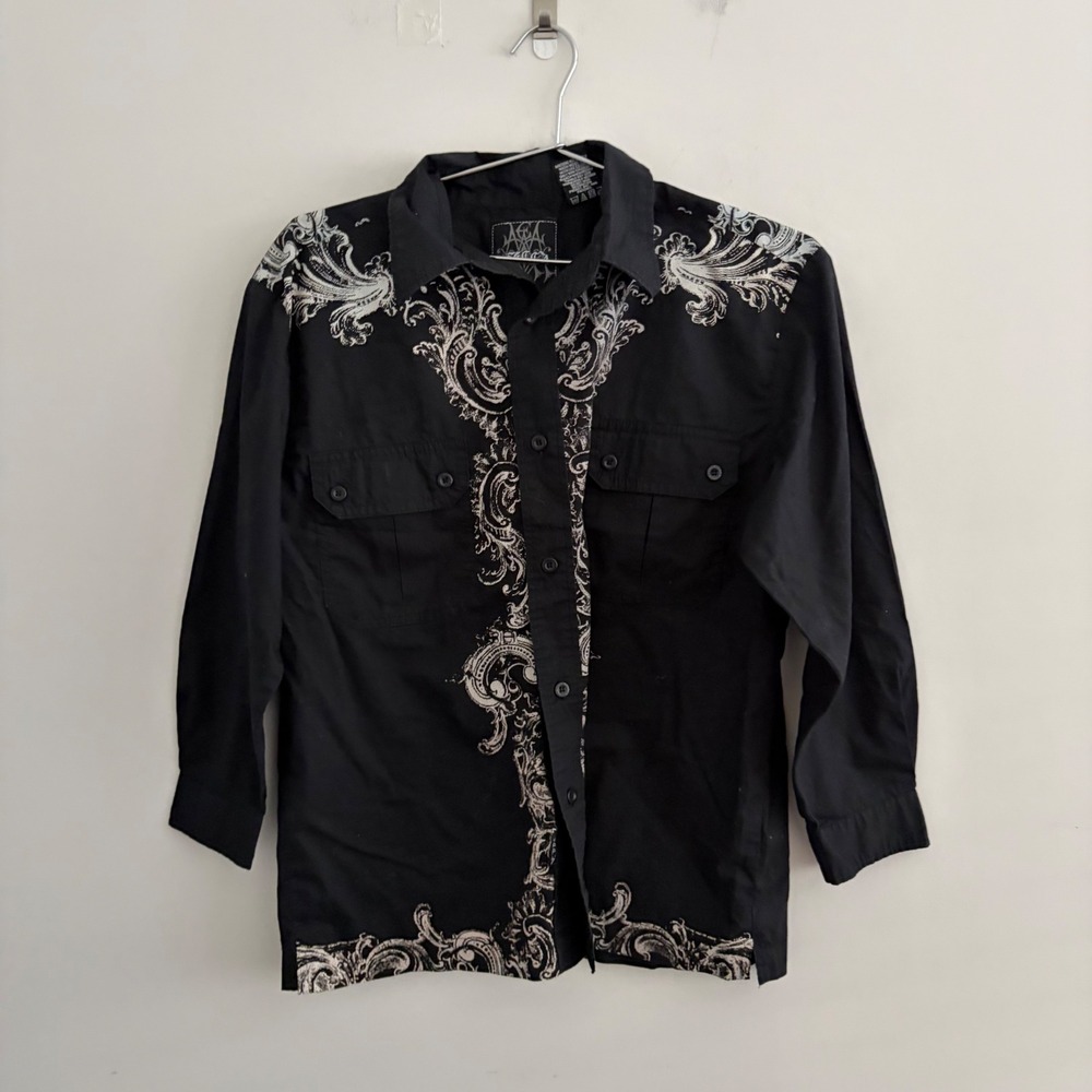 Mecca Mens Large Black Graphic Scroll Print Long Sleeve Button Up Shirt